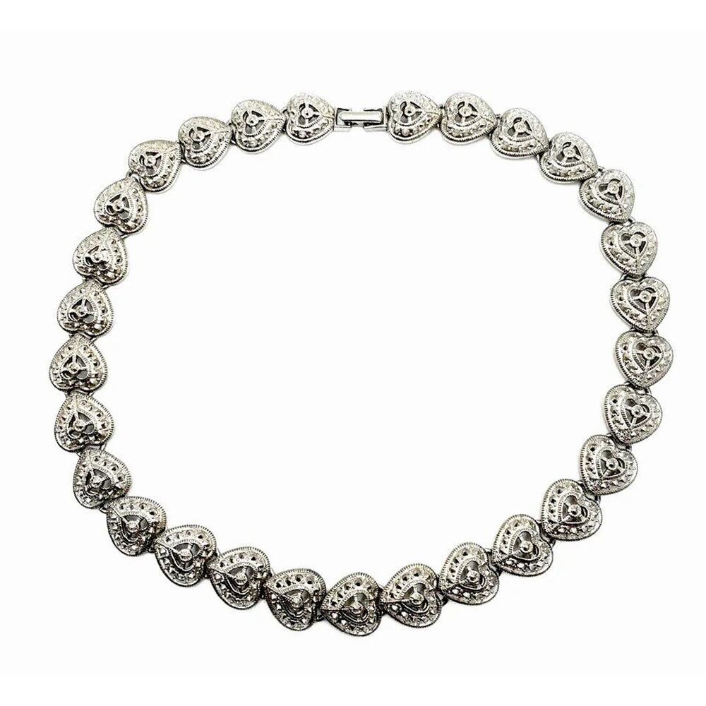 Silver Marcasite Hearts Collar Necklace Chainlink Openwork Love Vintage Estate